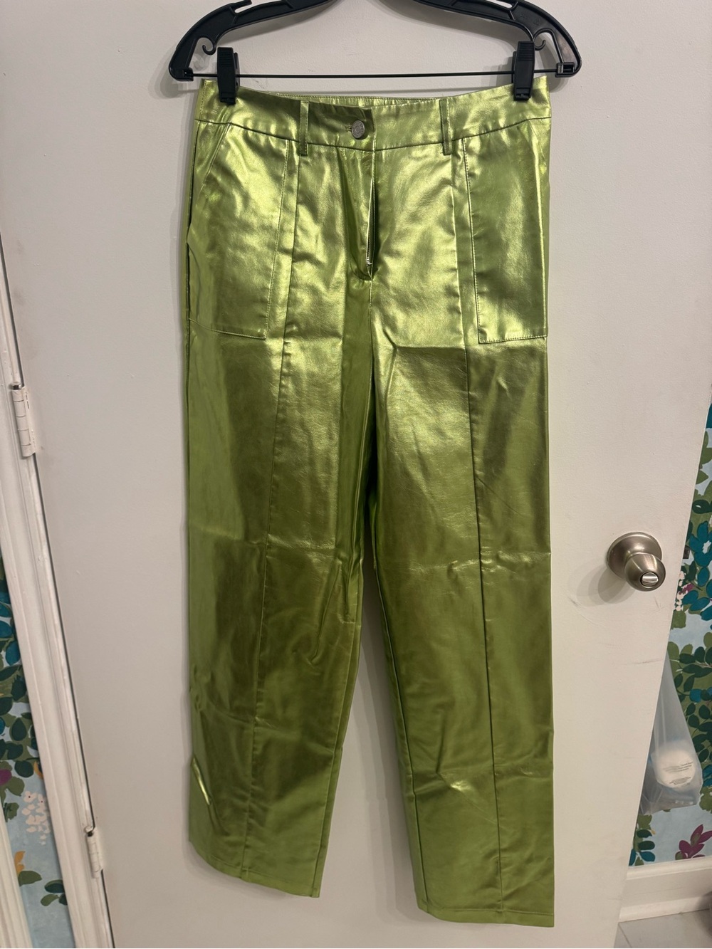 Green Metallic Straight-Leg Women’s Pants